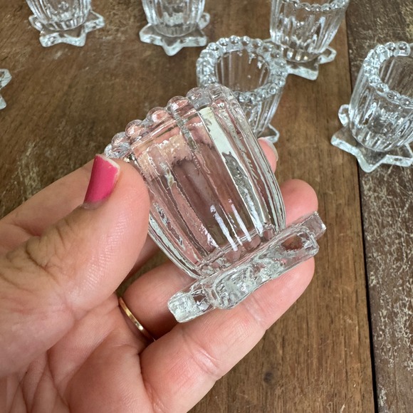 Vintage Set 7 Pressed Glass Star Base Scalloped Edge Candle holder Salt Cellar - Picture 2 of 8